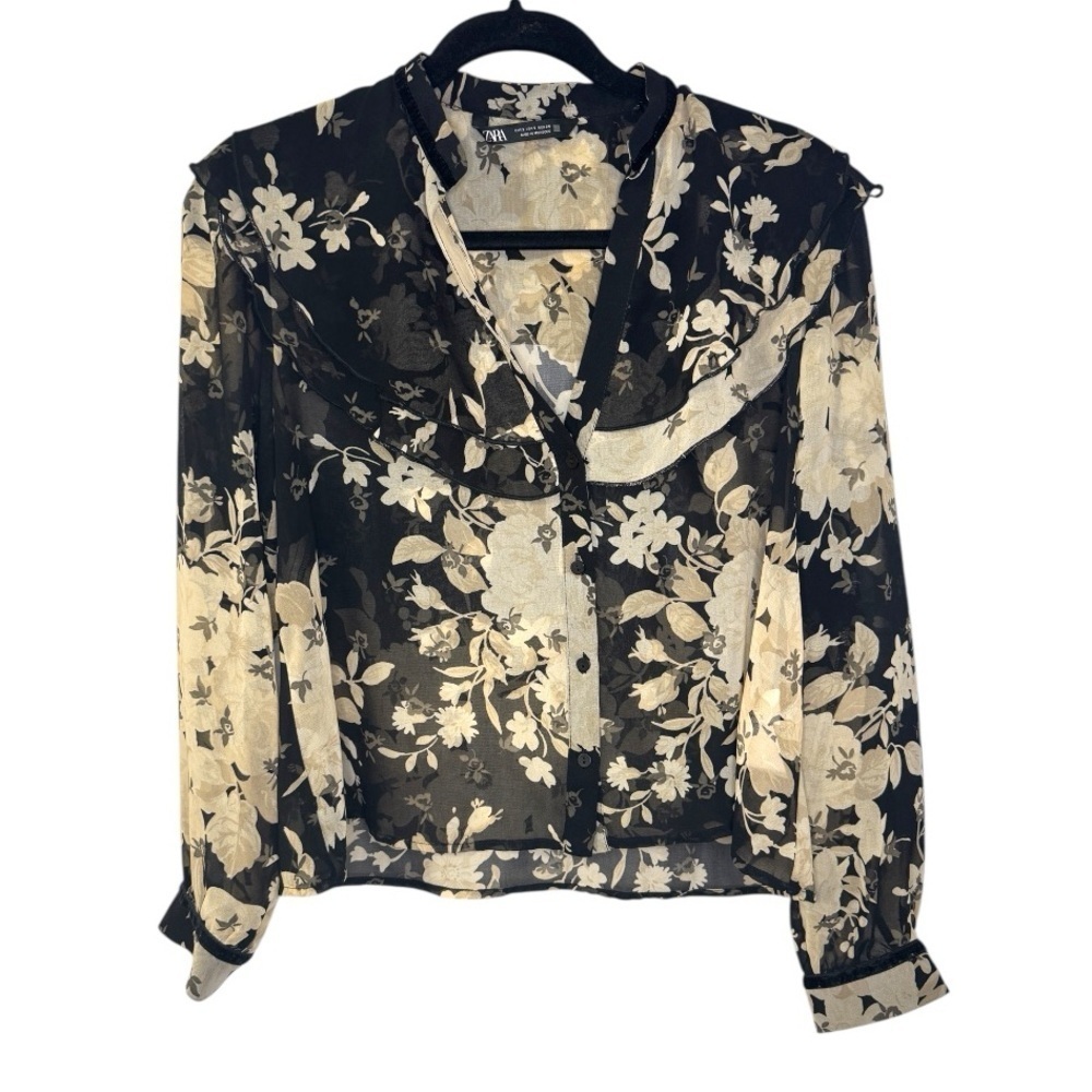 Zara Black and Cream Sheer Floral Long Sleeve Blouse